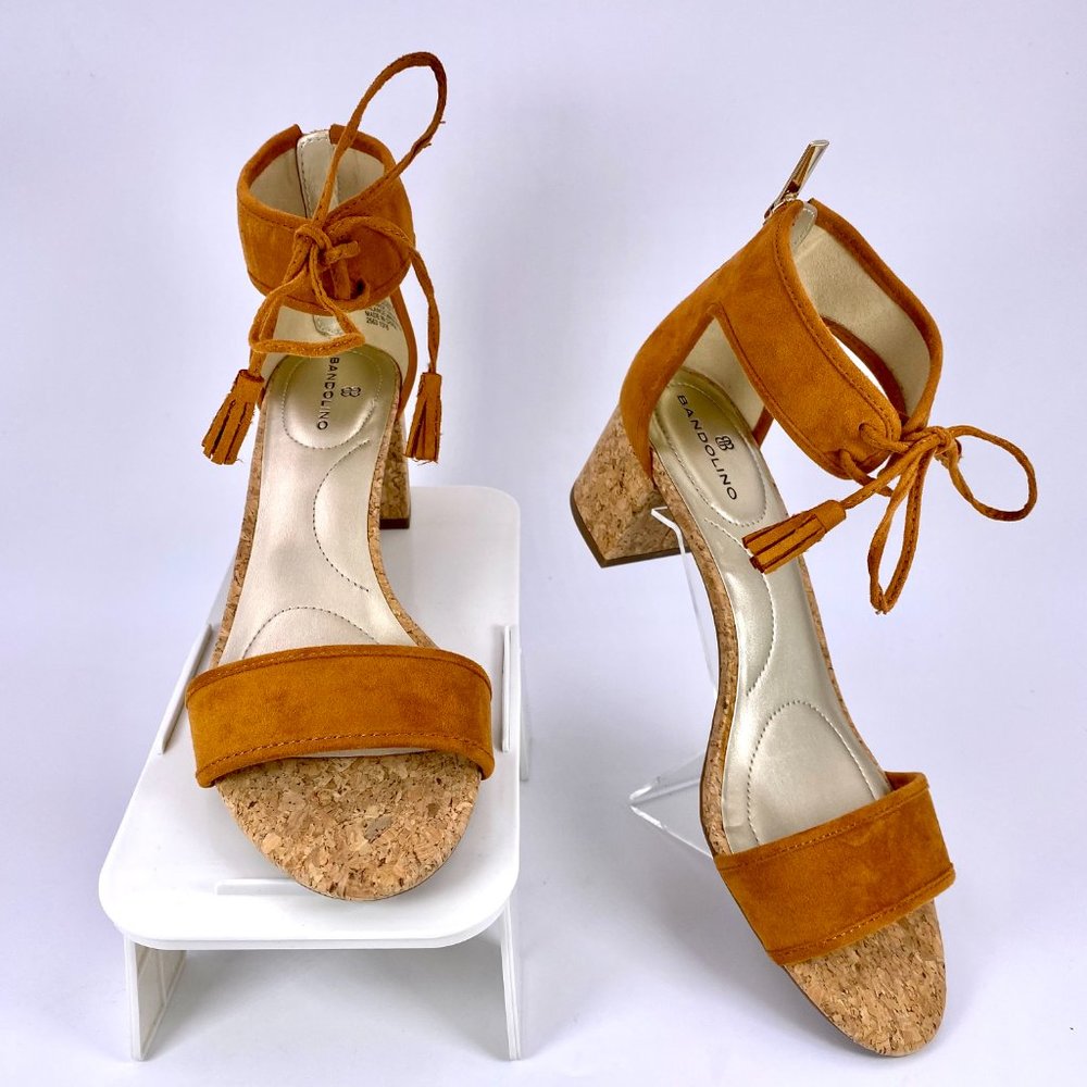 NIB Bandolino Bdsemise 9.5 Cognac Ankle Strap Cork Heel Women's Block Heels